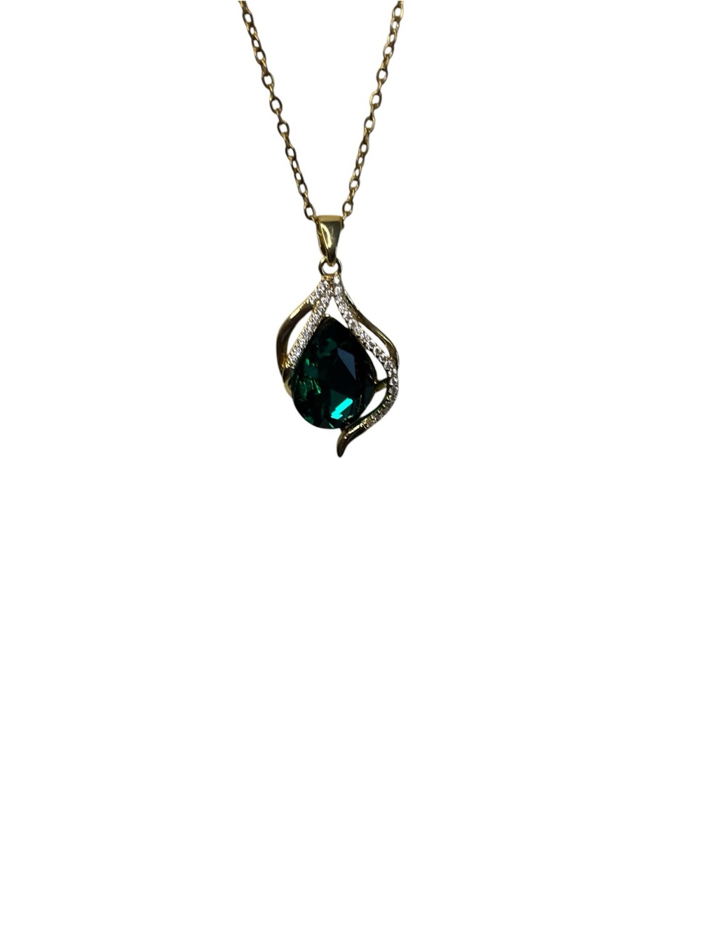 Goldtone Fashion Teardrop Pendant Necklace with Green Stone - Women Jewelry - Picture 3 of 4